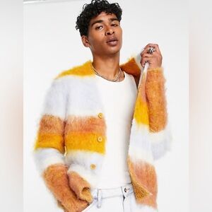 Fuzzy Striped Cardigan Sweater